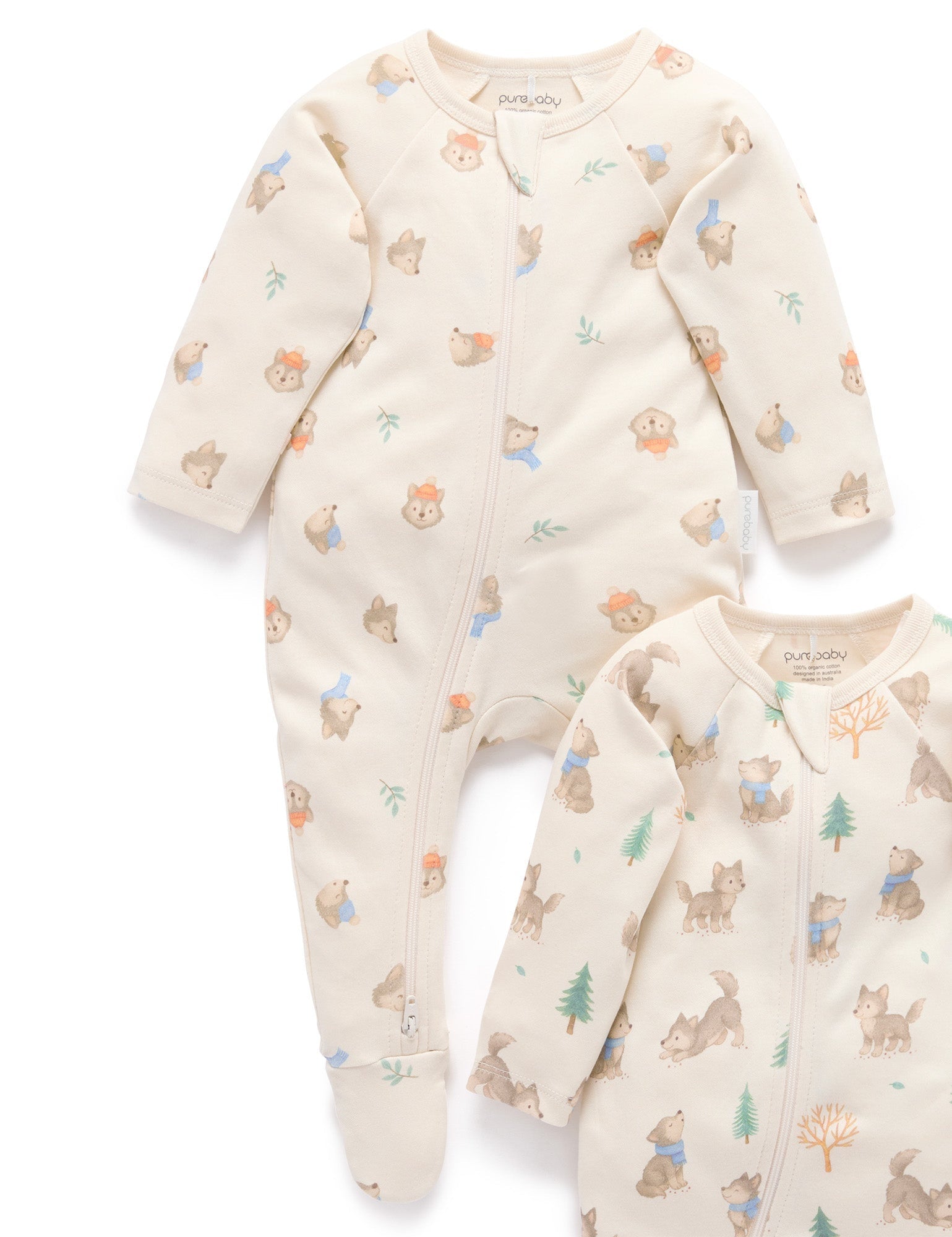 Purebaby 2 Pack Zip Growsuit - Wolf Cub Print, NB - Image 3