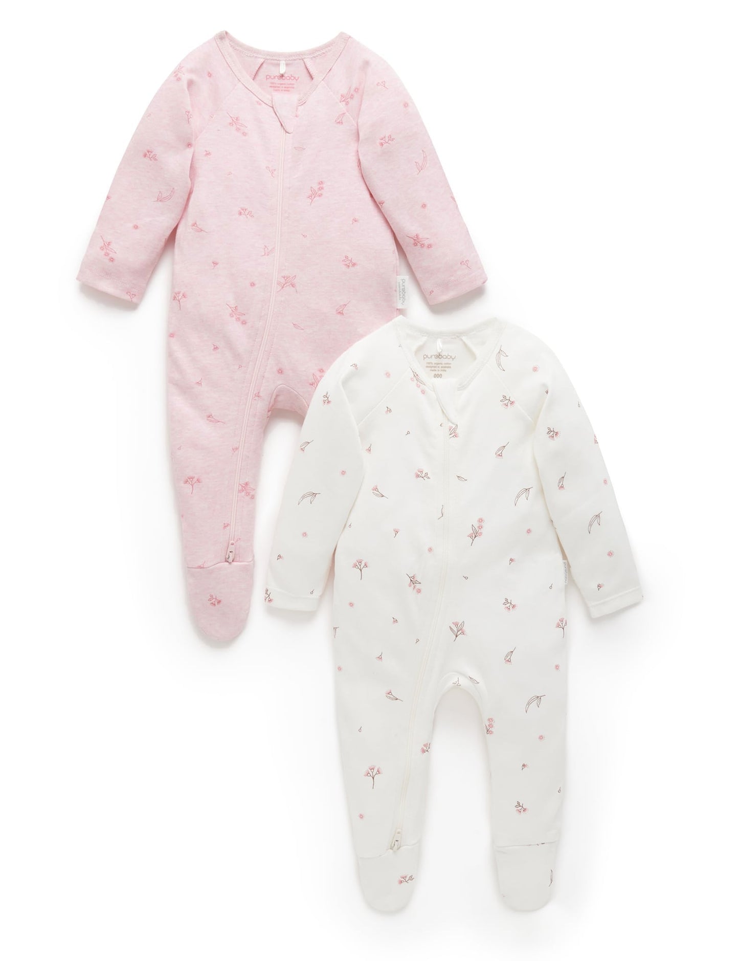 Purebaby 2 Pack Zip Growsuit - Pale Pink Blossom, NB