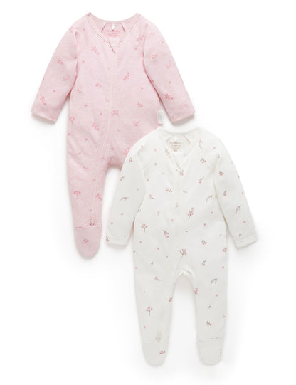 Purebaby 2 Pack Zip Growsuit - Pale Pink Blossom, NB