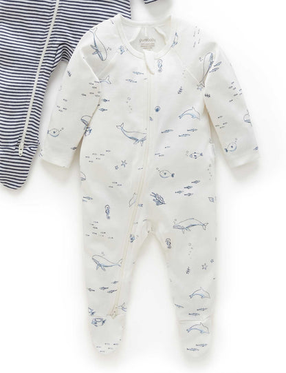 Purebaby 2 Pack Zip Growsuit - Vanilla Nautical, 0-3M - Image 3