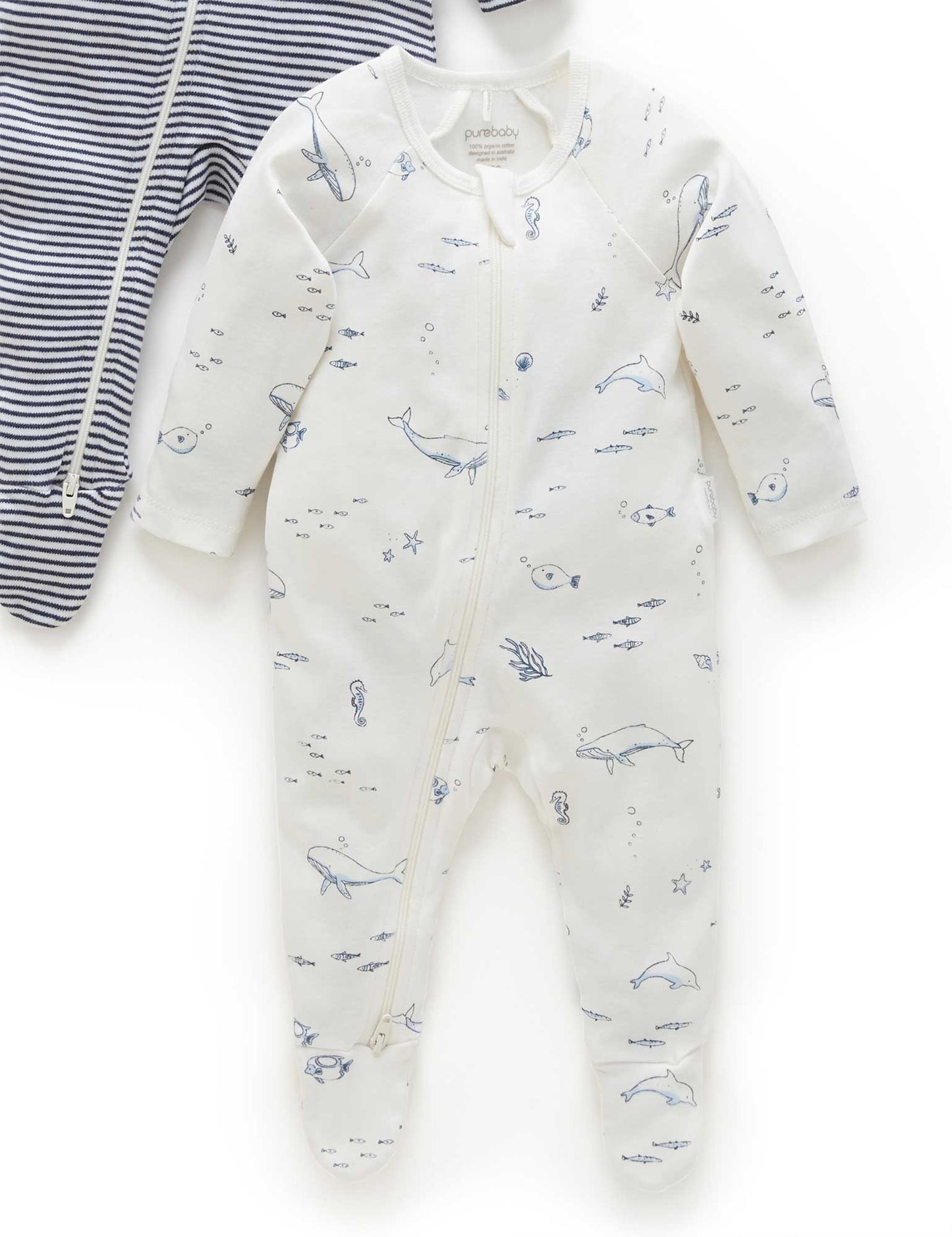 Purebaby 2 Pack Zip Growsuit - Vanilla Nautical, NB - Image 3