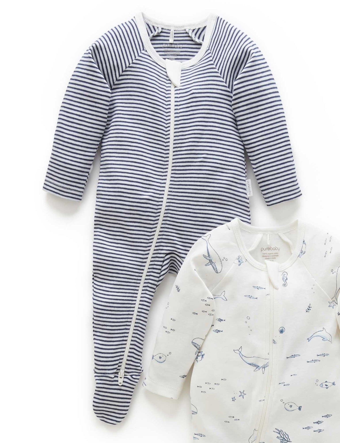 Purebaby 2 Pack Zip Growsuit - Vanilla Nautical, NB - Image 4