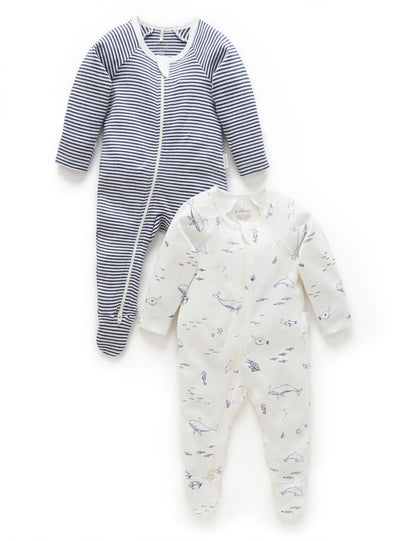 Purebaby 2 Pack Zip Growsuit - Vanilla Nautical, NB