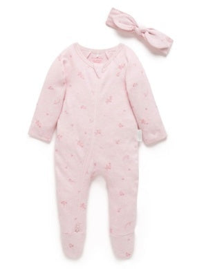 Purebaby Zip Growsuit & Headband Set - Pale Pink Blossom, NB
