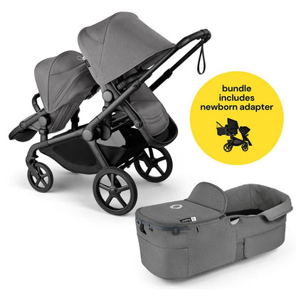 Bugaboo Kangaroo All-Position Newborn Double Stroller Bundle - Black / Moon Grey / Moon Grey - APN-100280033-100281023