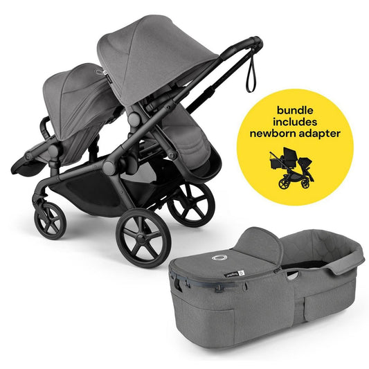 Bugaboo Kangaroo All-Position Newborn Double Stroller Bundle - Black / Moon Grey / Moon Grey - APN-100280033-100281023