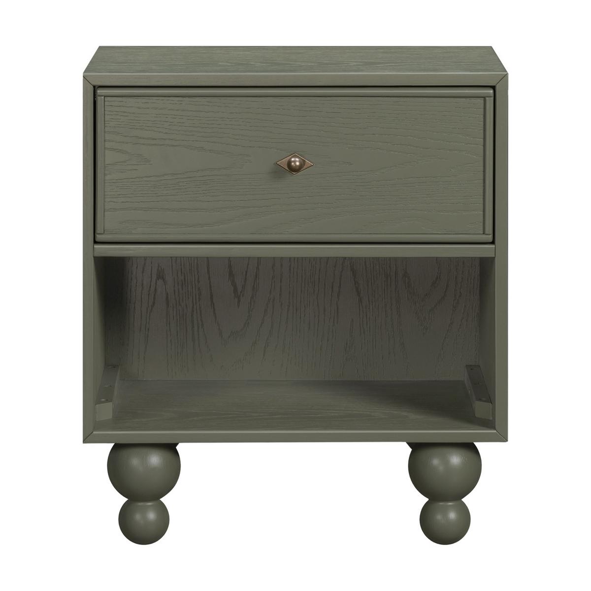 Babyletto olive green nightstand with one drawer and open shelf on rounded feet
