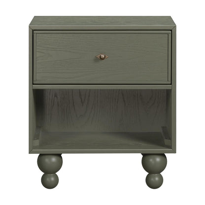 Babyletto olive green nightstand with one drawer and open shelf on rounded feet