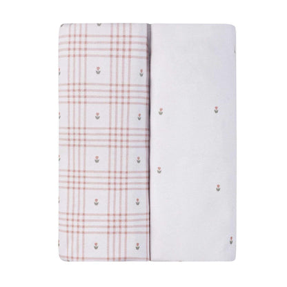 Ely's and Co two pack of crib sheets with pink plaid and floral patterns