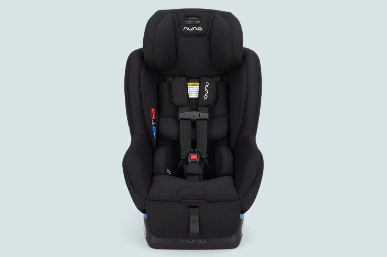 A black Nuna Exec convertible car seat centered against a light gray background. Safety straps are visible.