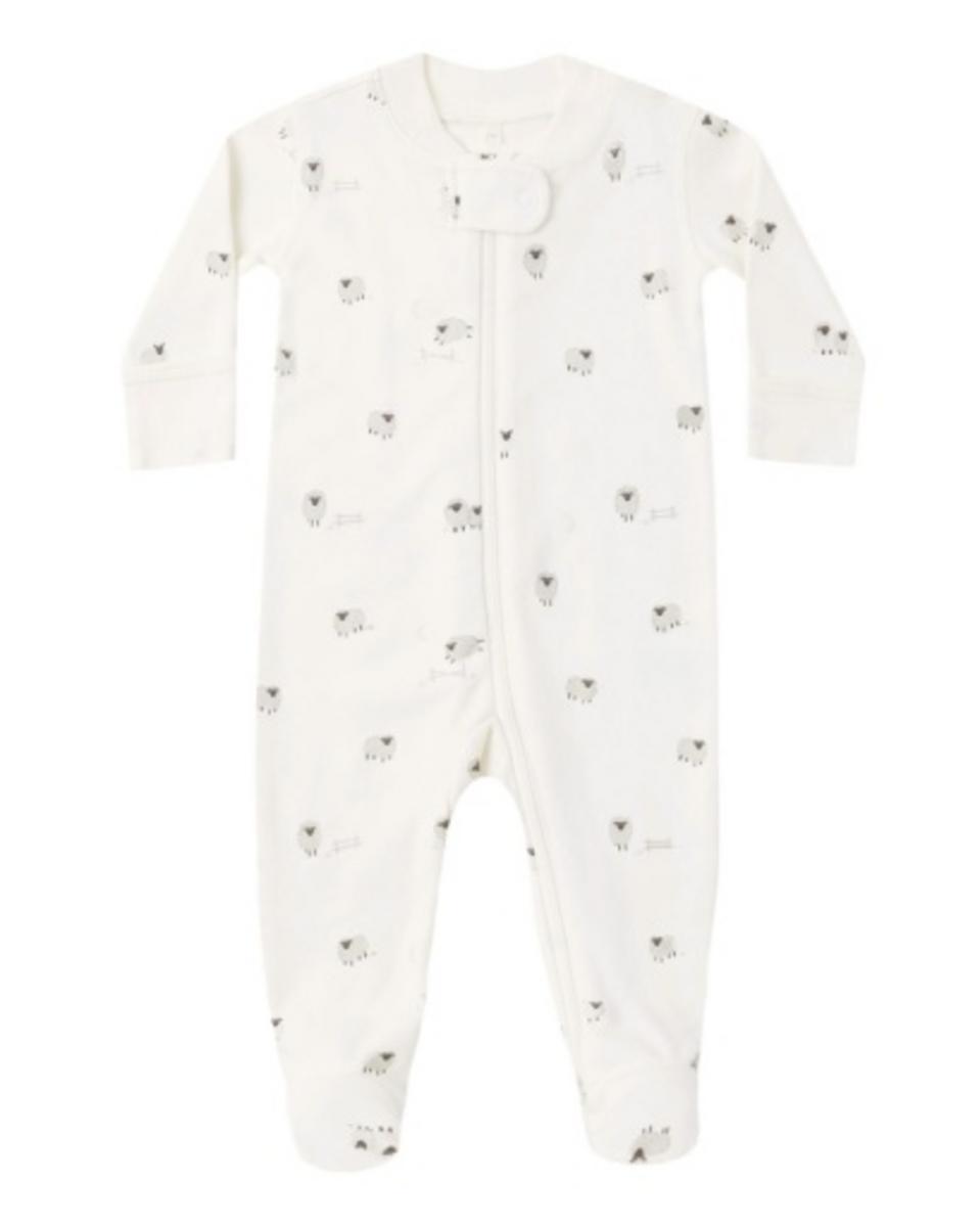 White baby footie pajamas with a grey sheep pattern and a front zipper closure