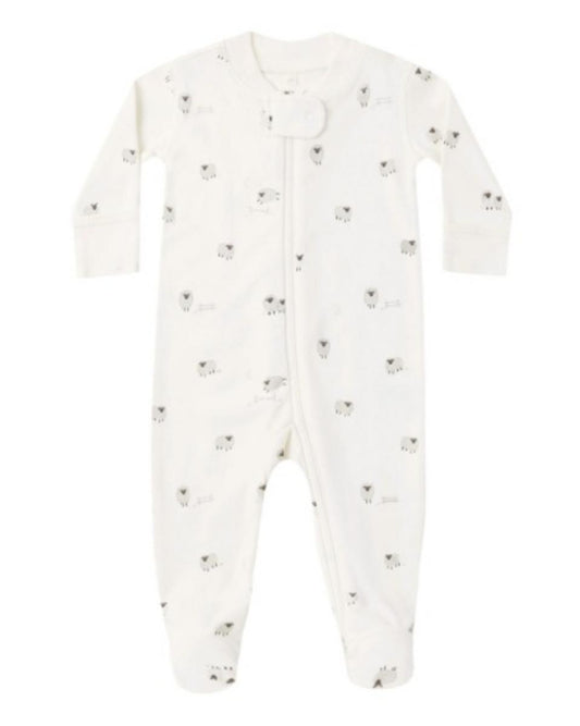 White baby footie pajamas with a grey sheep print and front zipper closure