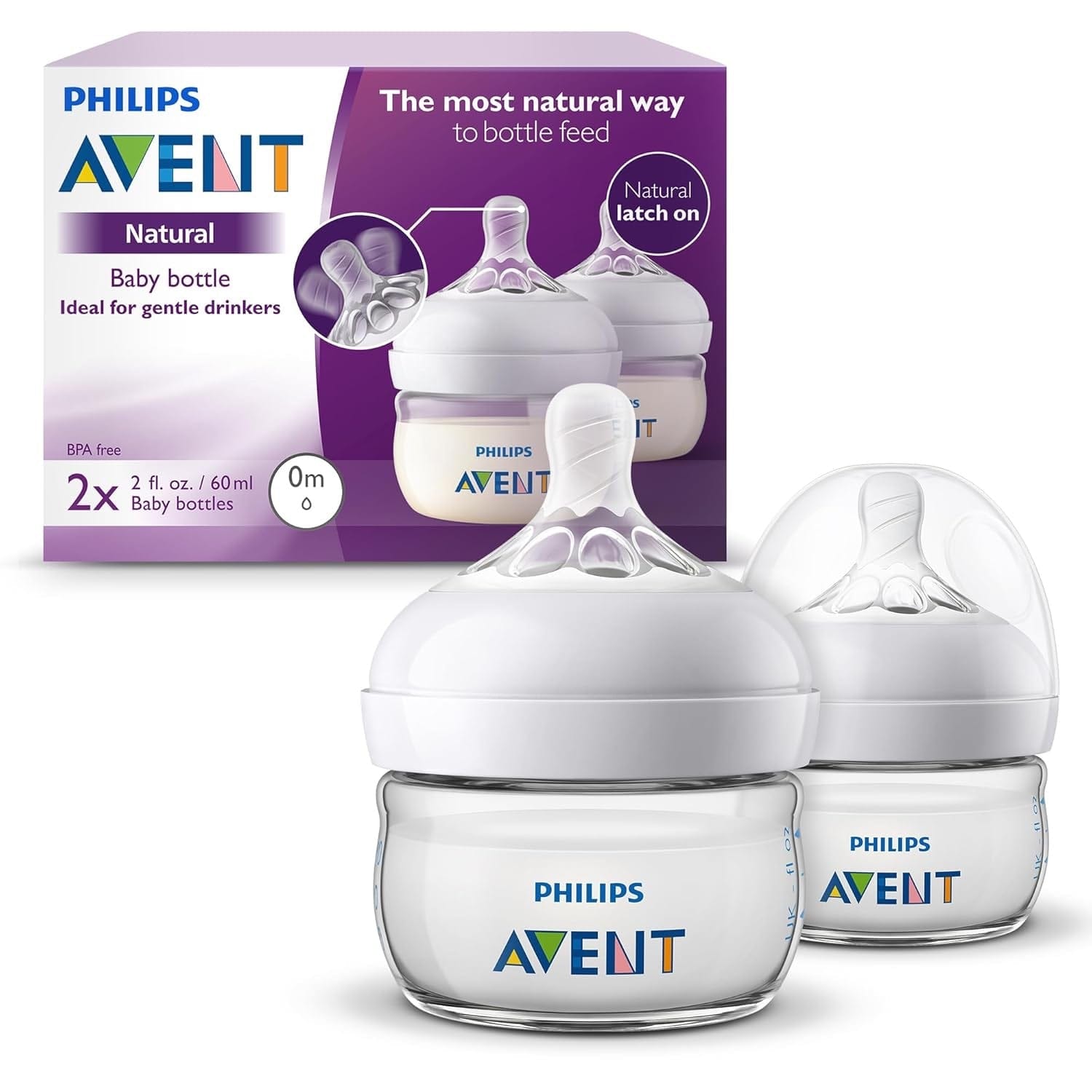 Avent Natural Baby Bottles, with First Flow Nipple, 2OZ, 2 Pack - SCF019-25