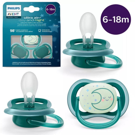 Avent Ultra Air Day/Night Pacifier 6-18m, Deep Opal / Sleeping Moon, 3 pack - SCF085-68