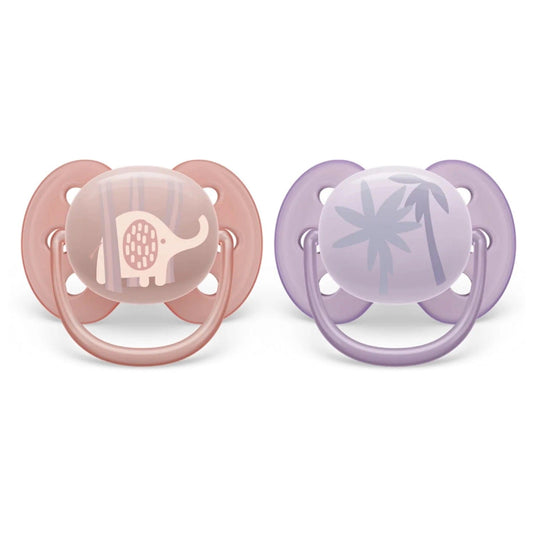 Avent Ultra Soft Pacifier 0-6m, Lychee Elephant / Lilac Palms, 2 pack - SCF091-09