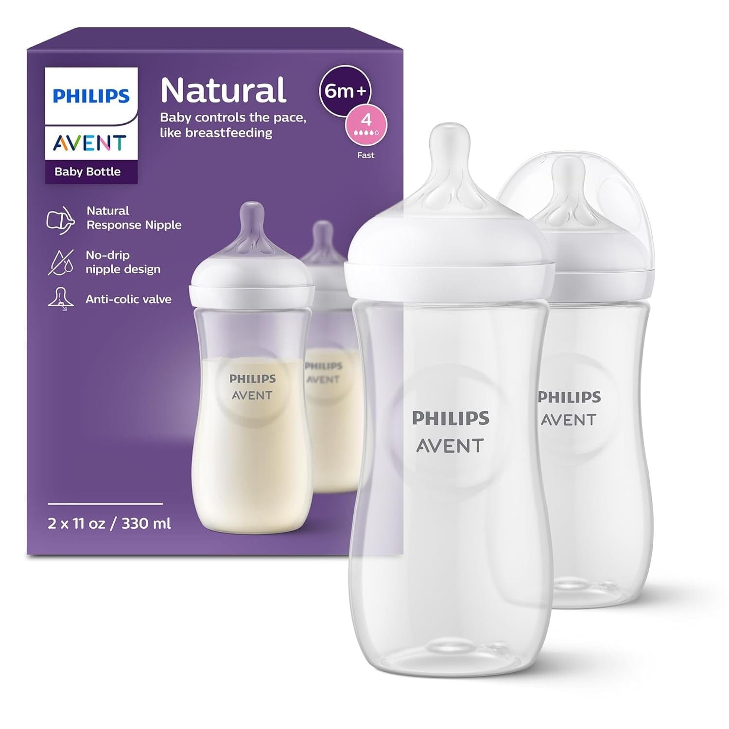 Avent Natural Baby Bottle With Natural Response Nipple, Clear, 11oz, 2pk - SCY906-02