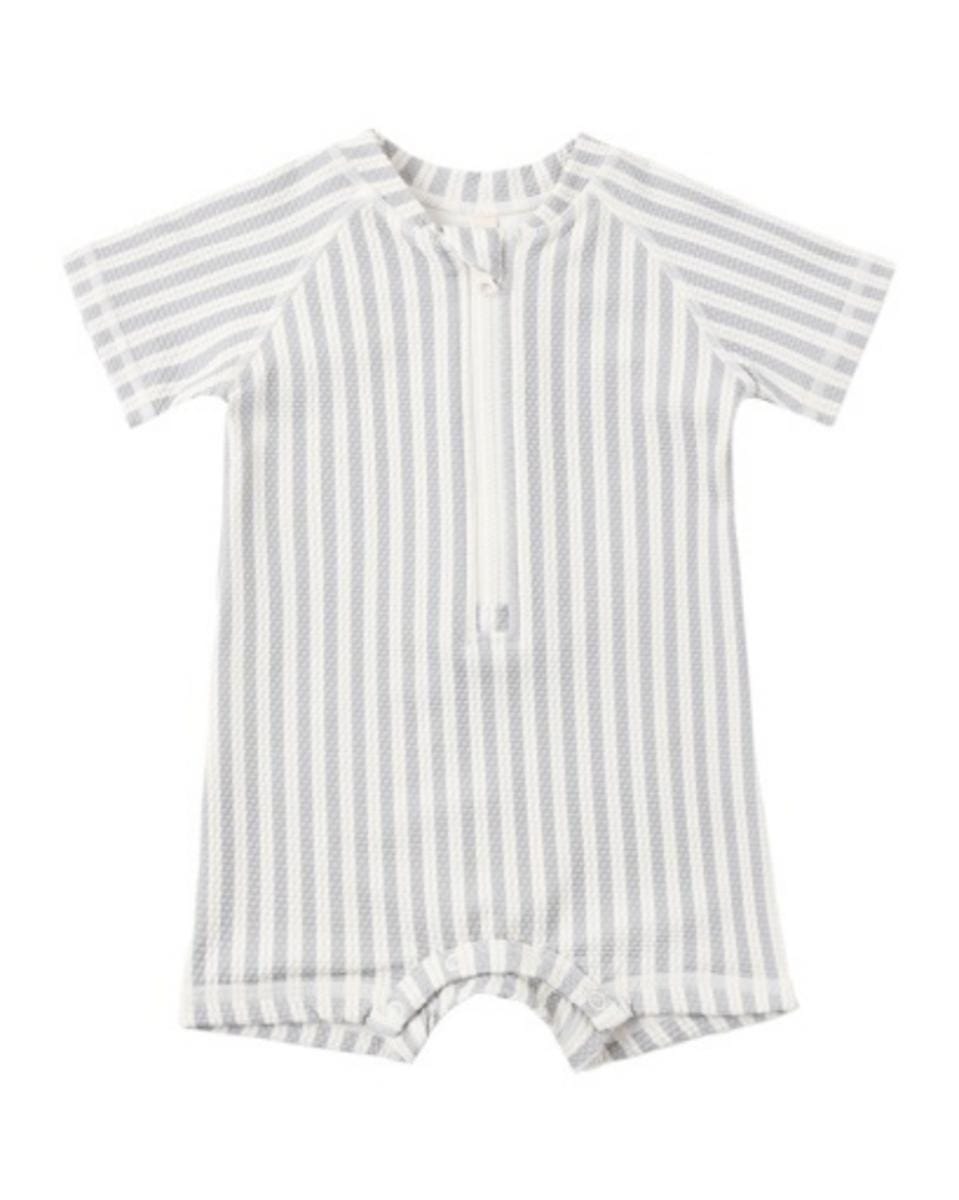 Quincy Mae Zip Rashguard One-Piece Vintage Stripe - Slate, 18-24M