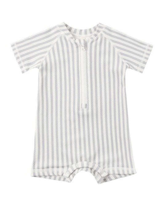 Quincy Mae Zip Rashguard One-Piece Vintage Stripe - Slate, 18-24M