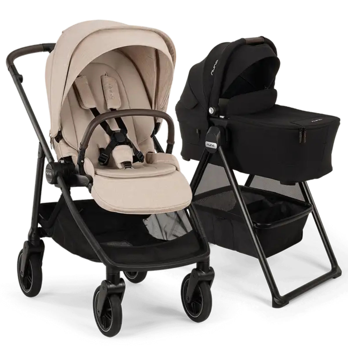 Nuna SWIV  Stroller + TRIV & SWIV Bassinet + Stand Bundle - Biscotti / Caviar