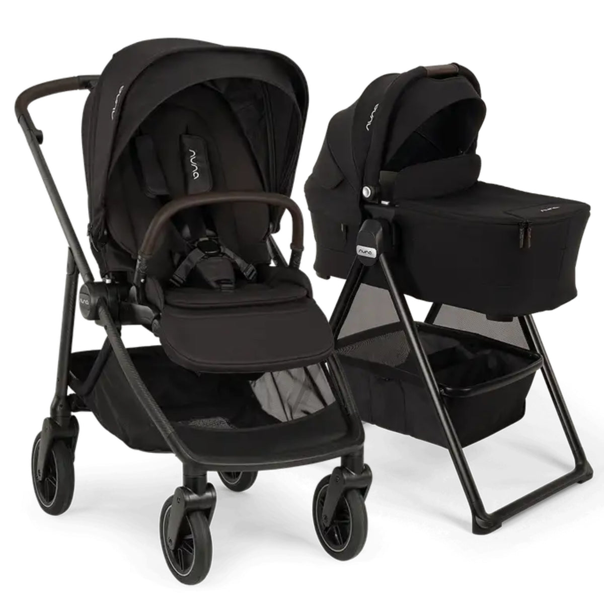 Nuna SWIV  Stroller + TRIV & SWIV Bassinet + Stand Bundle - Caviar / Chocolate