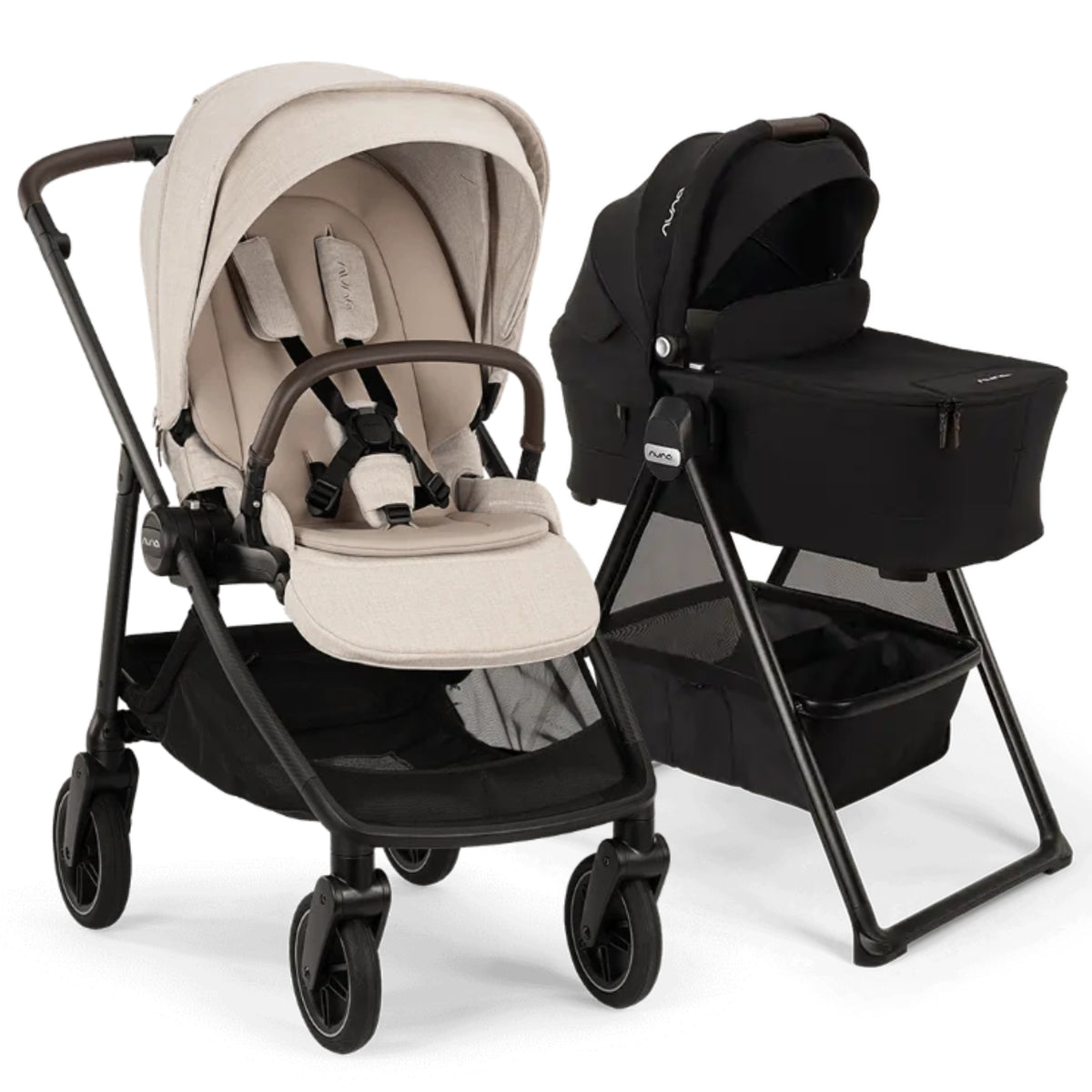 Nuna SWIV  Stroller + TRIV & SWIV Bassinet + Stand Bundle - Chai / Caviar