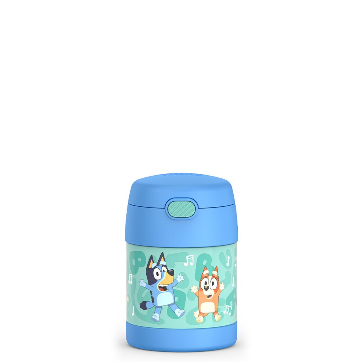 Thermos food jar featuring Bluey and Bingo characters on a light blue background