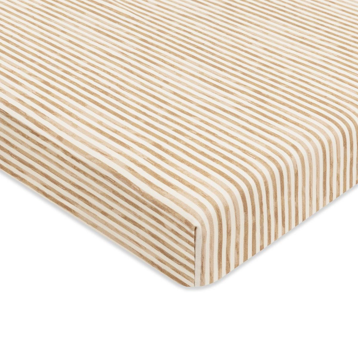 Babyletto crib sheet with tan and white vertical stripes