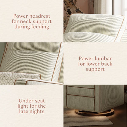 Babyletto nursery glider features power headrest, power lumbar support, and under seat lighting