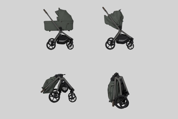 Collage of four product shots of a green stroller in different configurations against a gray background.