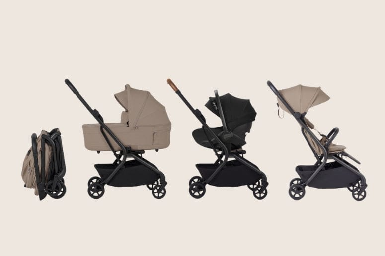 Four Nuna TRIV Next strollers in different configurations line up against a light neutral background.