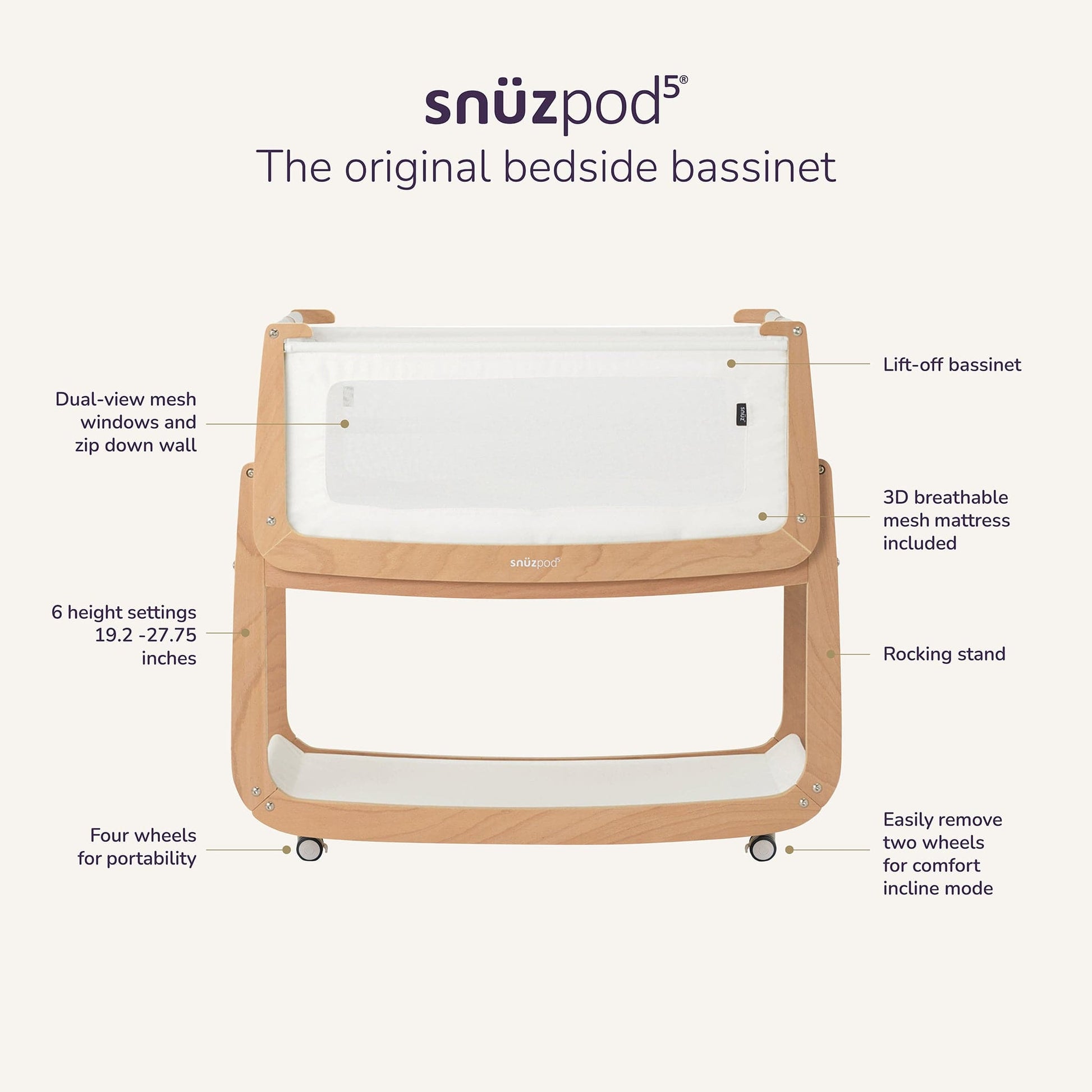 Snuz SnuzPod 5 Bedside Bassinet - Cashmere - USFN050G