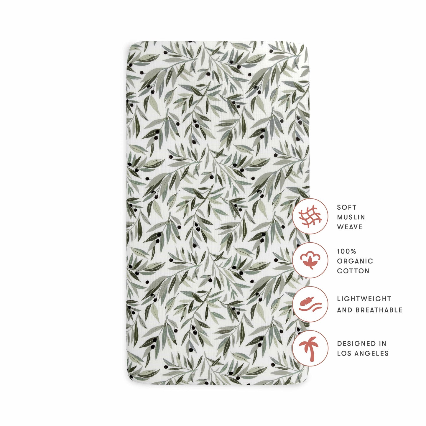 Babyletto Crib Sheet in GOTS Certified Organic Muslin Cotton-Olive Branches - T28235