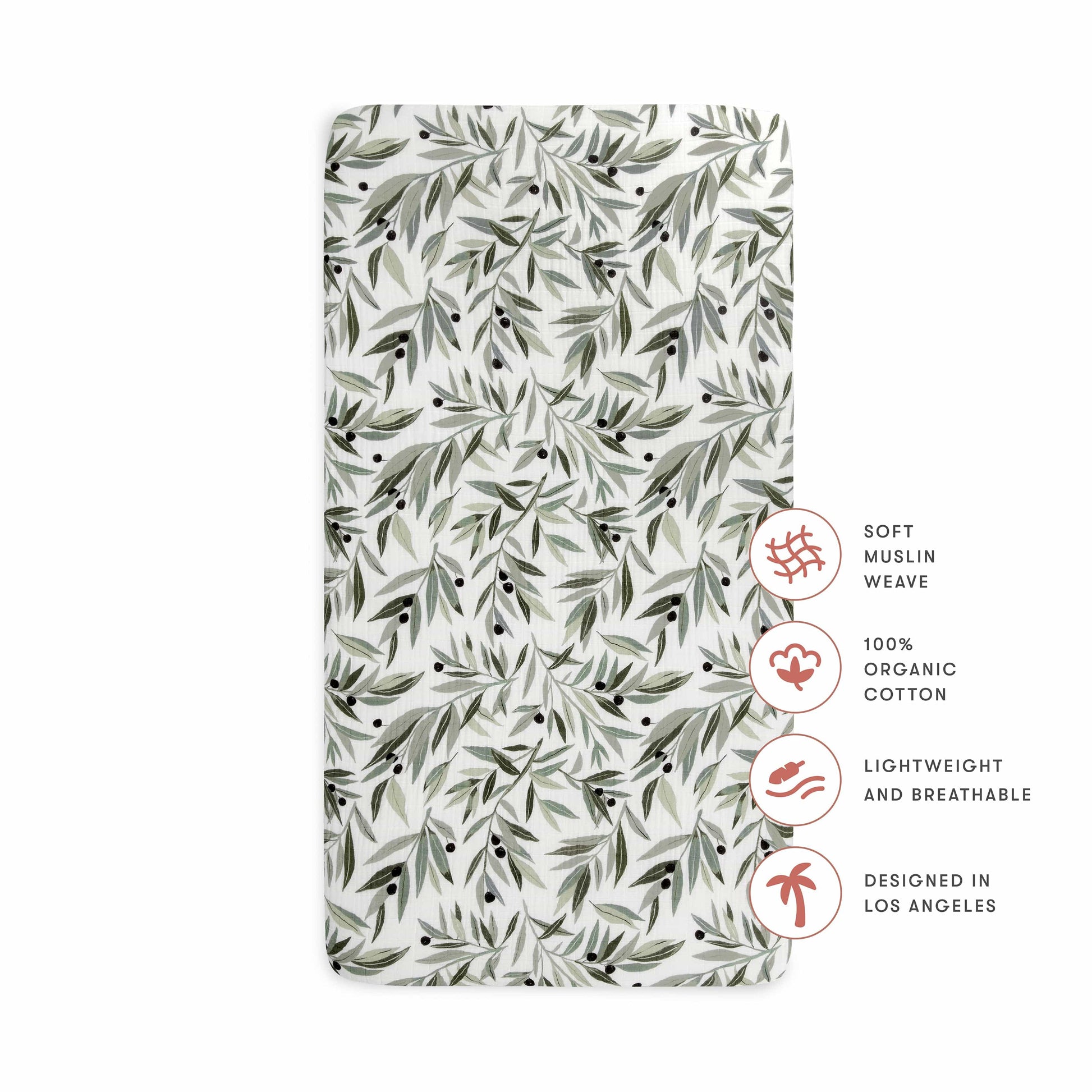 Babyletto Crib Sheet in GOTS Certified Organic Muslin Cotton-Olive Branches - T28235