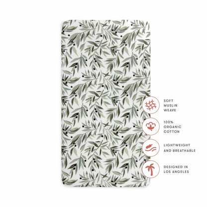 Babyletto Crib Sheet in GOTS Certified Organic Muslin Cotton-Olive Branches - T28235