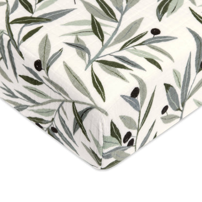 Babyletto Crib Sheet in GOTS Certified Organic Muslin Cotton-Olive Branches - T28235