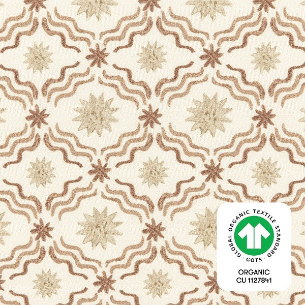 Babyletto fabric with tan and brown star and wavy line pattern and GOTS organic certification logo