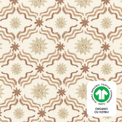 Babyletto fabric with tan and brown star and wavy line pattern and GOTS organic certification logo