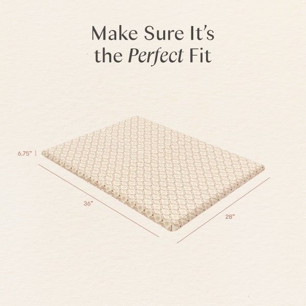 Babyletto mattress dimensions diagram showing 36 inch length 28 inch width and 6.75 inch height