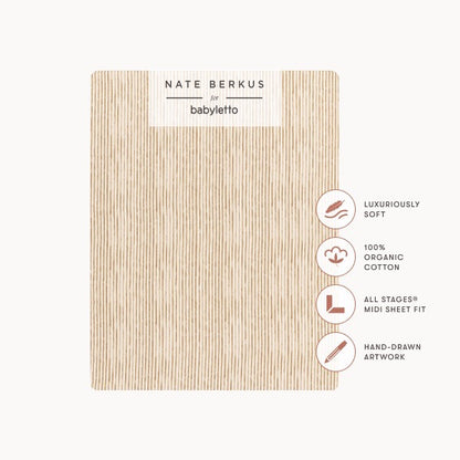 Babyletto Nate Berkus organic cotton midi crib sheet with tan vertical line pattern