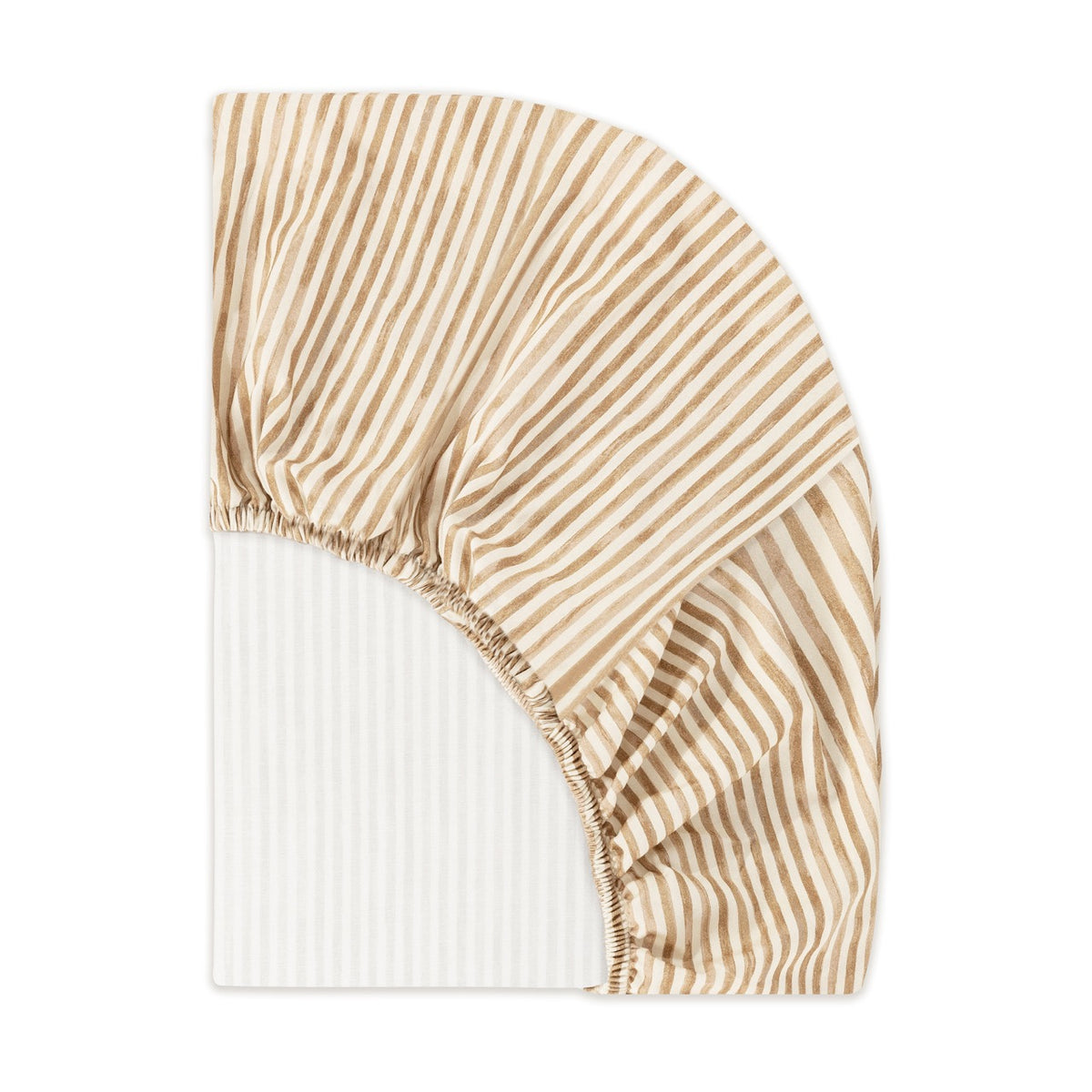 Babyletto fitted crib sheet with tan and white vertical stripes