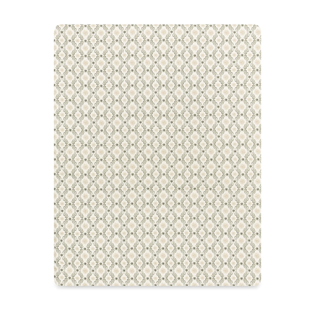 Babyletto crib sheet with beige and sage green geometric lattice pattern