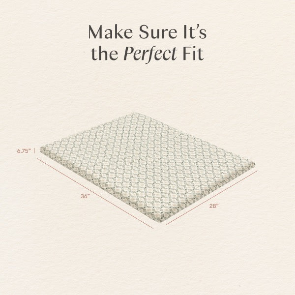 Babyletto mattress dimensions showing 36 inches length 28 inches width and 6.75 inches height