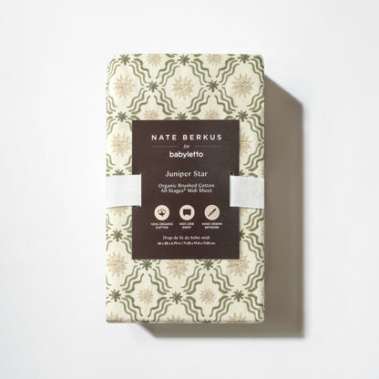 Babyletto Nate Berkus Juniper Star organic cotton midi crib sheet in packaging