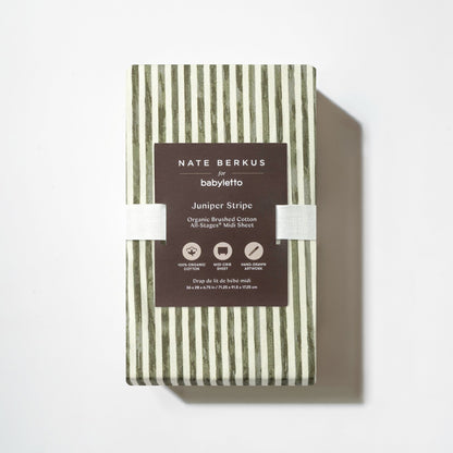 Babyletto Nate Berkus organic cotton midi crib sheet in juniper stripe pattern