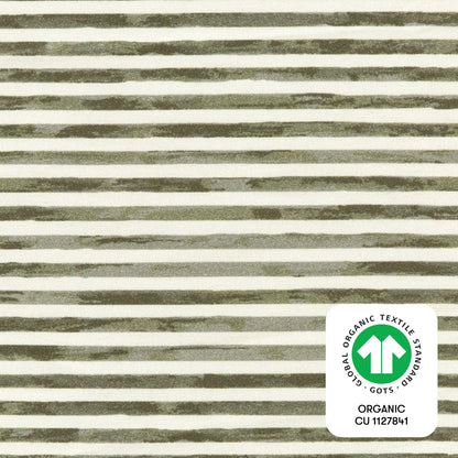 Babyletto fabric with horizontal olive green brushstroke stripes and GOTS organic certification label