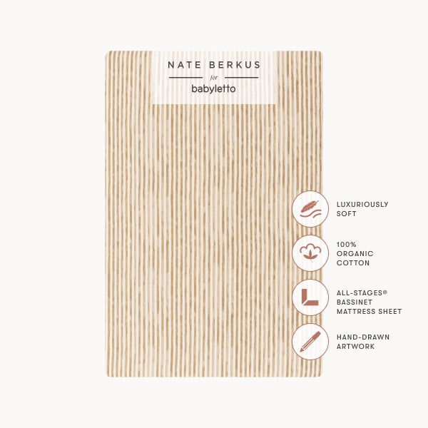 Nate Berkus for Babyletto organic cotton bassinet sheet with tan vertical stripe pattern