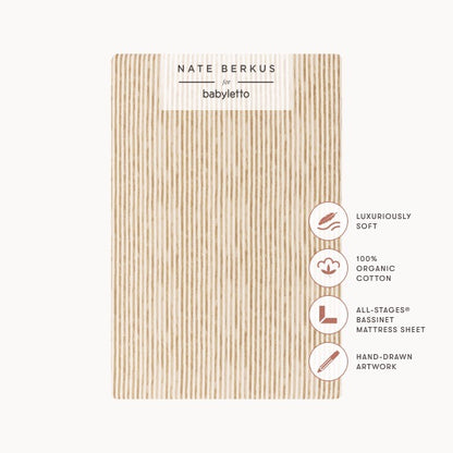 Nate Berkus for Babyletto organic cotton bassinet sheet with tan vertical stripe pattern
