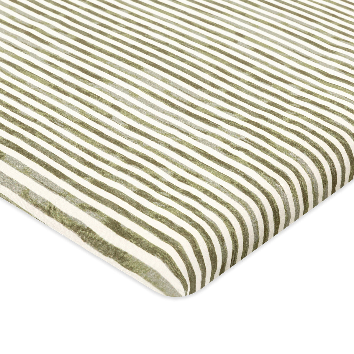 Babyletto crib sheet with olive green and white striped pattern