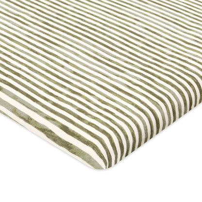 Babyletto crib sheet with olive green and white striped pattern