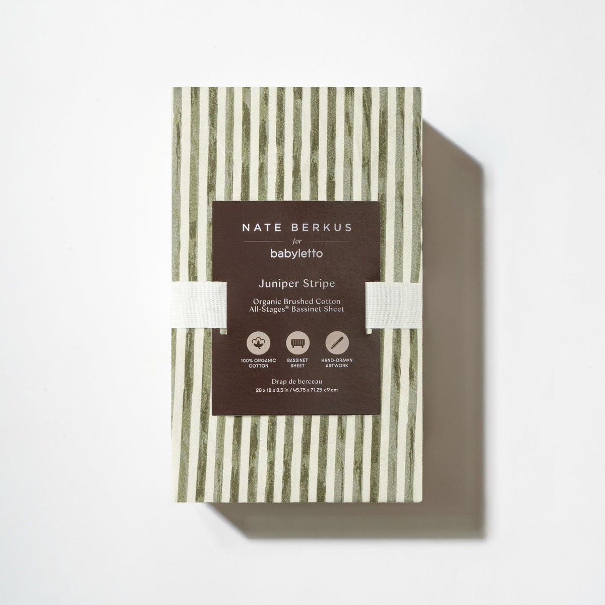 Babyletto Nate Berkus Juniper Stripe organic cotton bassinet sheet in packaging